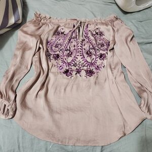 White House Black Market Blush Off-Shoulder Top with Purple Embroidery